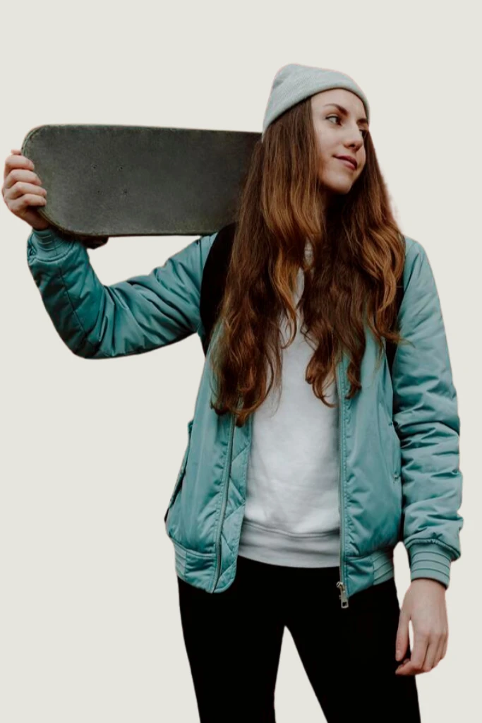 A girsl wearing streetwear clothes designed and customized by manufacturer
