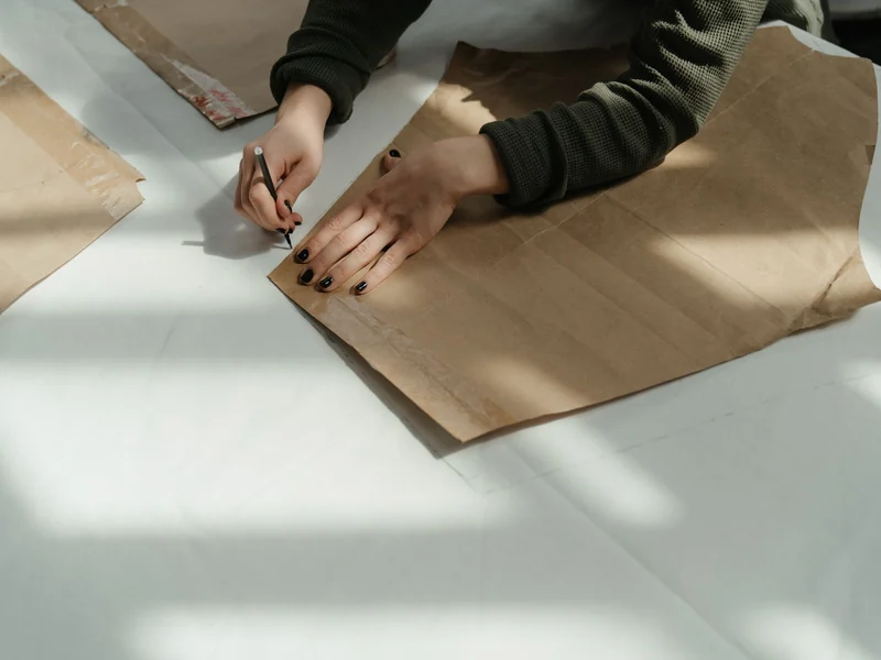 Pattern maker tracing a garment pattern on paper before panels are cut