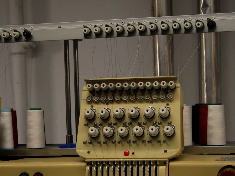 Industrial embroidery machine heads threaded for logo and letter embroidery